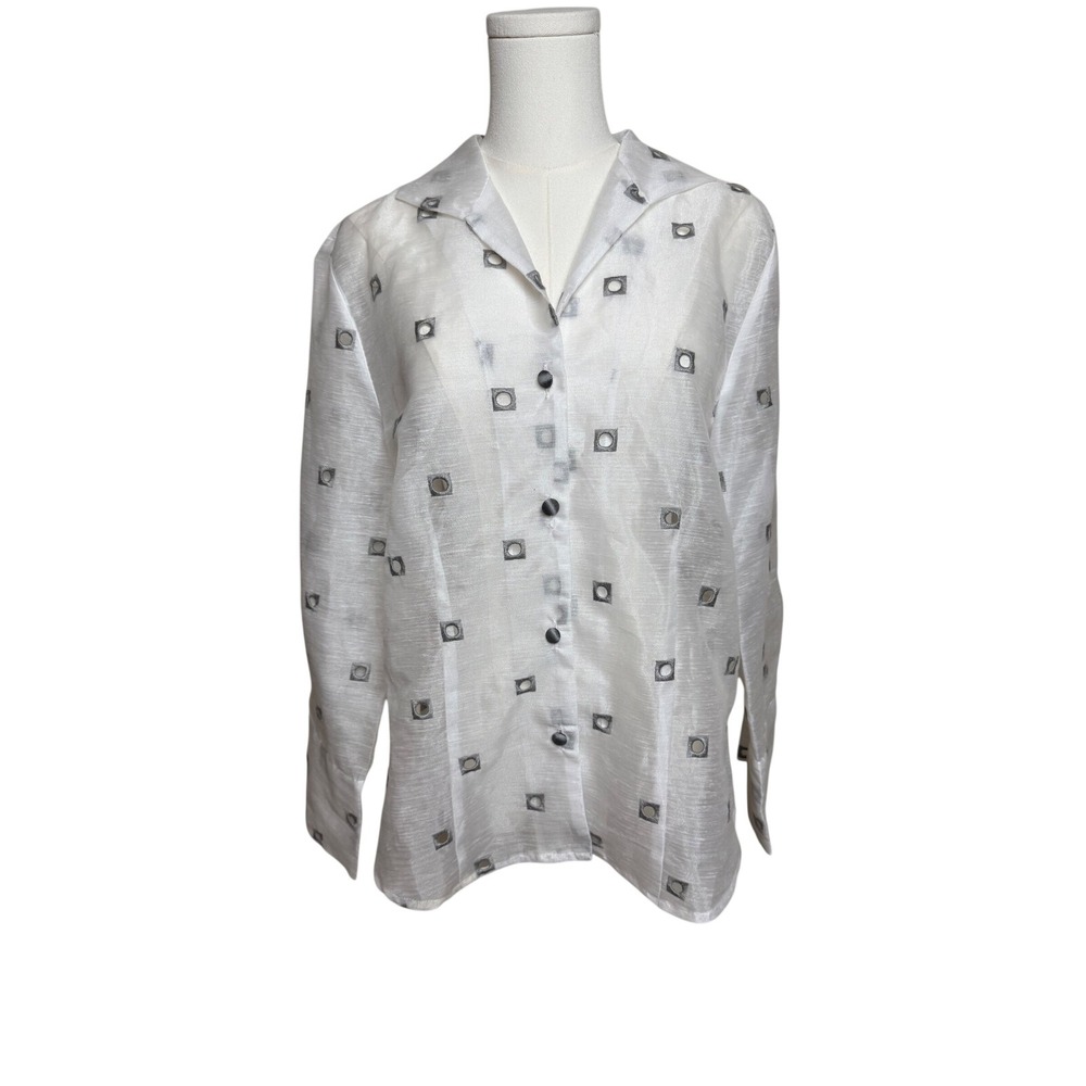 Connie Roberson Womens Lg White 100% Silk Square Eyelet Button Down Blouse USA